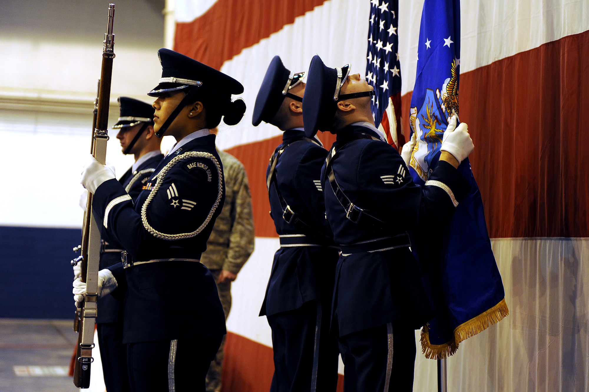 OFFUTT AIR FORCE BASE, Neb. -- Airman with the 55th Wing Honor Guard post the colors inside of the Bennie Davis Maintenance Facility's Dock One to begin the 2009 Maintenance Professional of the Year awards luncheon Mar 13.  The awards ceremony honors the men and women of the 55th Maintenance Group for their exemplarily work throughout the year.

U.S. Air Force Photo by Josh Plueger
