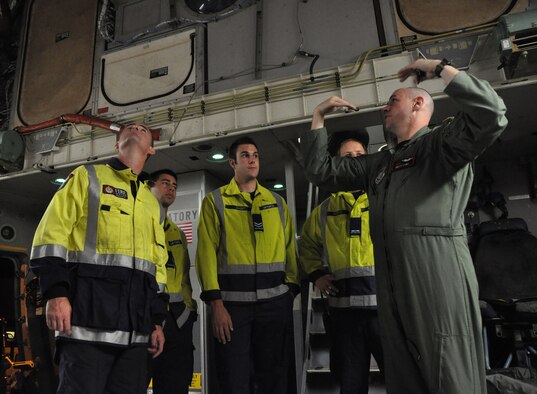 WHENUAPAI AIR BASE, New Zealand  -- Capt. Brett Lent, C-17 pilot, 517th Airlift Squadron, Elmendorf Air Force Base, Alaska, gives an overview to members of the Royal New Zealand Air Force fire team upon arrival here March 18 to participate in the Whenuapai Air Show. This is the first time since 1981 that a U.S. jet has participated in the annual event.   (U.S.  Air Force photo/Tech Sgt. Cohen A. Young) 