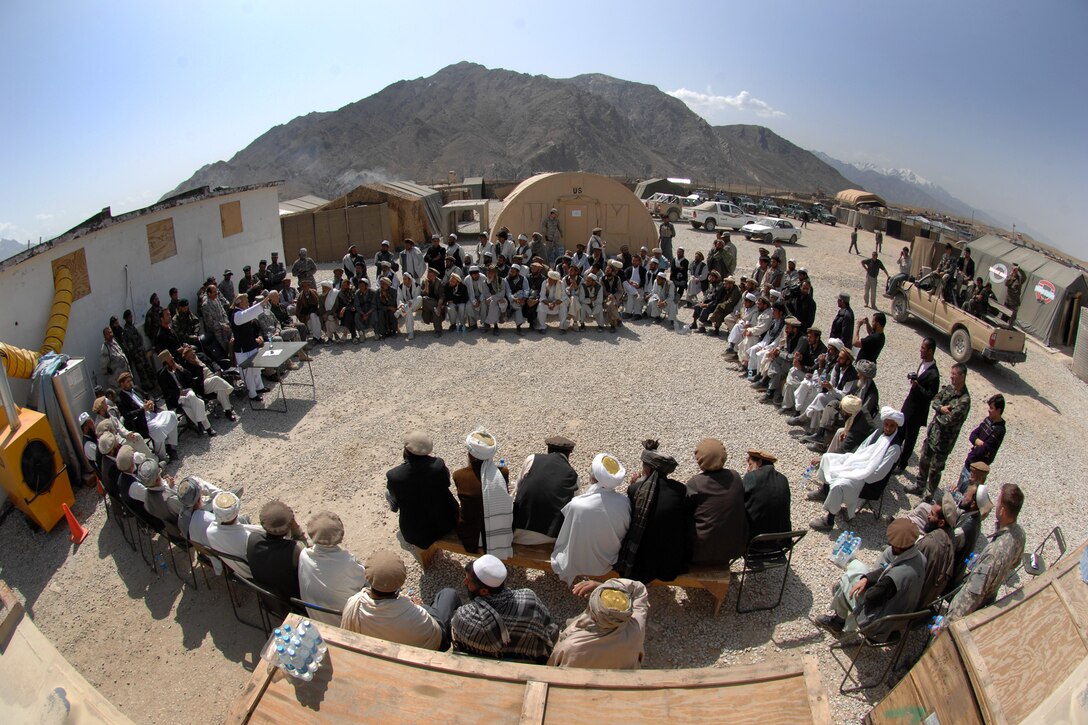 About 100 government, tribal, and religious leaders, mostly from the Alasai district met at a shura on Forward Operating Base Morales Frasier, Nijrab district, in southern Kapisa, Afghanistan, March 17, 2009.  