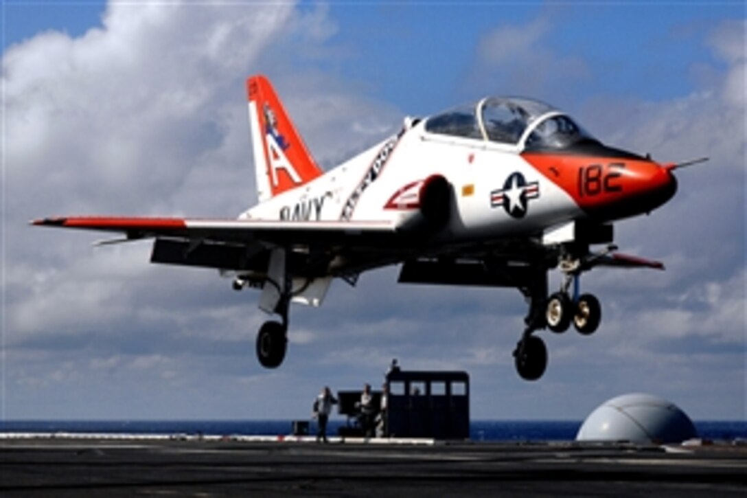 A pilot aboard a T-45 Goshawk training aircraft attempts a "touch and go" during flight operations aboard the Nimitz-class aircraft carrier USS Harry S. Truman in the Atlantic Ocean, March 17, 2009. The aircraft is part of the Navy's Training Squadron 9, which trains student naval aviators.