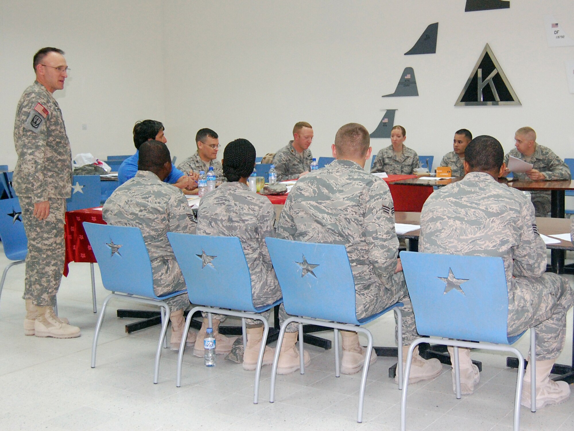 Maj. Jason Vranes, 2-43 Air Defense Artillery Battalion executive officer, talks to members of his marketing class Dec. 5., 2008. Class members gave marketing presentations to a board comprised of Major Vranes, Col. John Lohr, 379th Expeditionary Mission Support Group commander, David Vela, 379th Force Support Squadron marketing director, and Maj. Rob Peacock, 71st Expeditionary Air Control Squadron. (Courtesy photo)