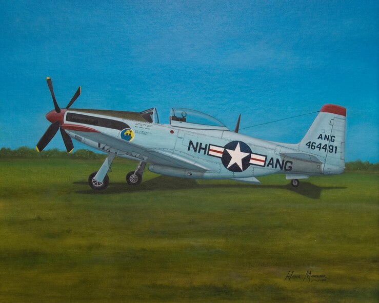 A historic painting depicting a P-51 Mustang once flown by the New Hampshire Air National Guard.  Original painting by Hans Maryak, formerly a member of the NHANG, while assigned to Pease ANG Base, N.H.  (U.S. Air Force photo illustration/Staff Sgt. Curtis J. Lenz)