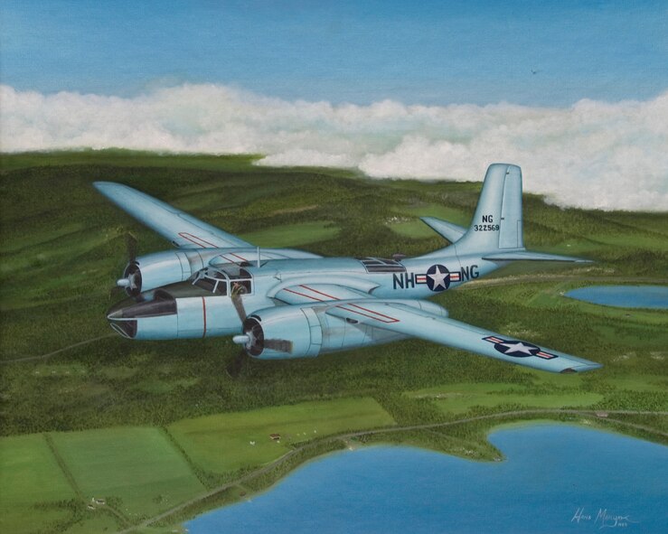 A historic painting depicting a B-26 Marauder once flown by the New Hampshire Air National Guard.  Original painting by Hans Maryak, formerly a member of the NHANG, while assigned to Pease ANG Base, N.H.  (U.S. Air Force photo illustration/Staff Sgt. Curtis J. Lenz)