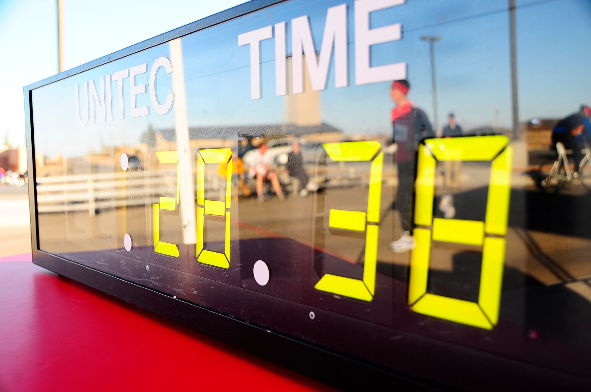 The Holloman Air Force Base Sports and Fitness Center provided this large clock for Raptor Duathlon participants to judge their times. More than 80 participants took part in the event. (U.S. Air Force Photo/TSgt Chris Flahive)