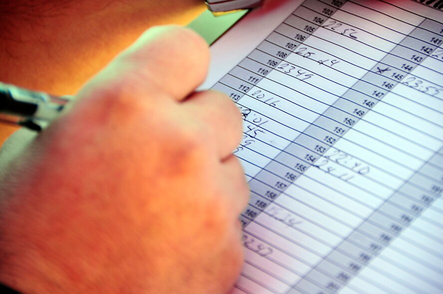 Time is closely watched as participants cross the finish line during the Sports and Fitness Centers' Raptor Duathlon March 15. Participants took part in both a bike ride and a run. (U.S. Air Force Photo/TSgt Chris Flahive)
