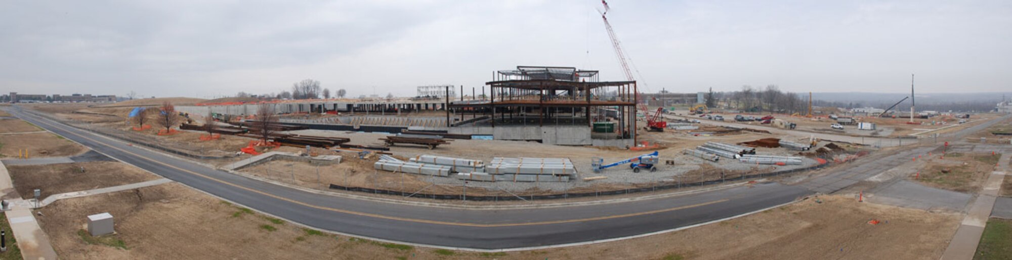 This panoramic view shows construction underway in Area B at Wright-Patterson Air Force Base. The structures will house units of the 711th Human Performance Wing. (Photo by Chris Gulliford, 711 HPW)