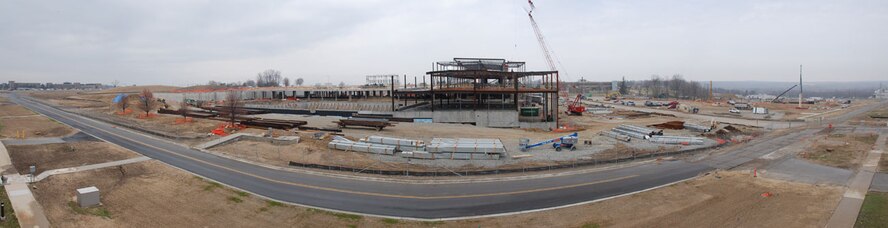 This panoramic view shows construction underway in Area B at Wright-Patterson Air Force Base. The structures will house units of the 711th Human Performance Wing. (Photo by Chris Gulliford, 711 HPW)