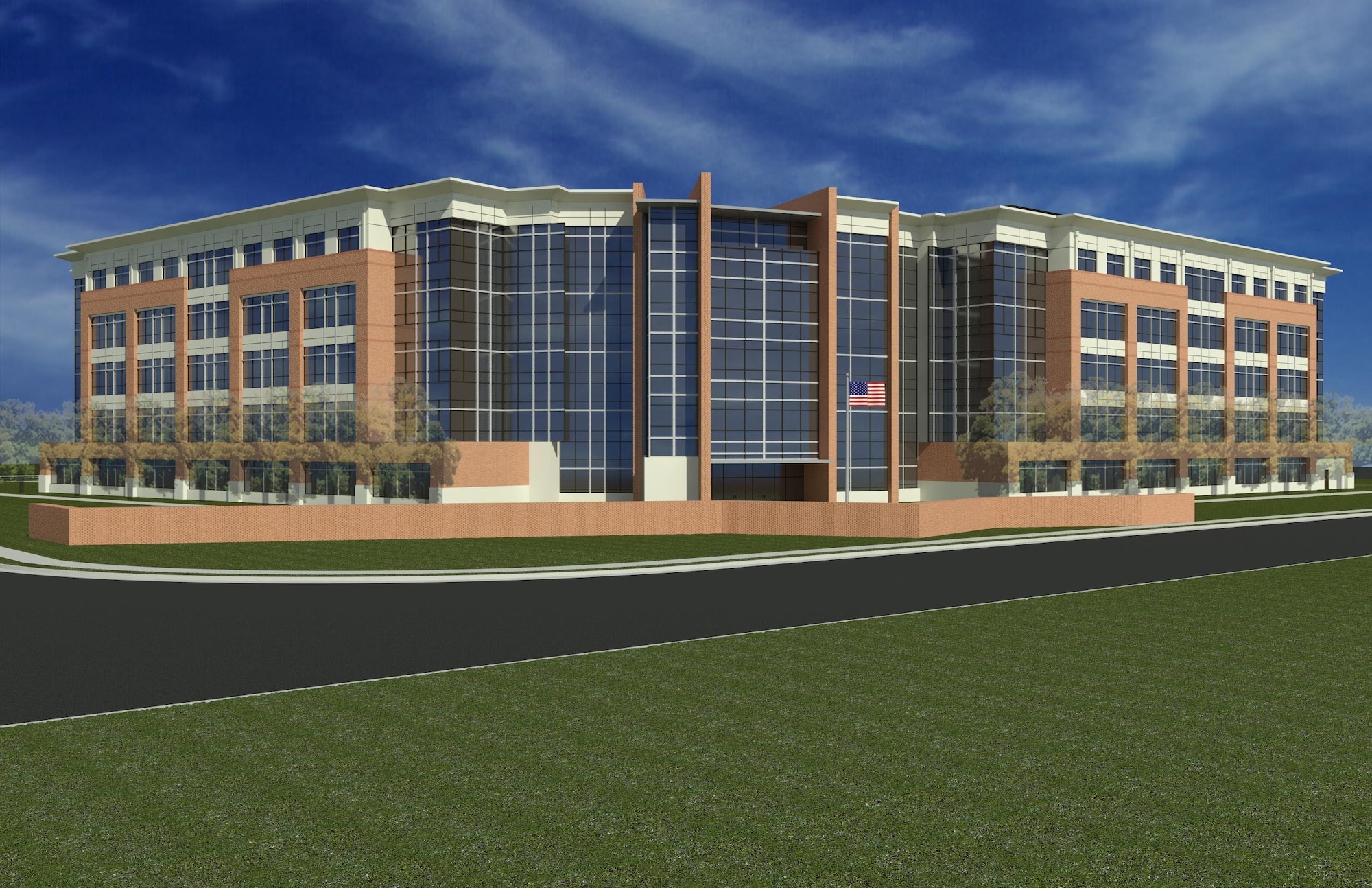 Artist’s rendition of the new Air Force administration facility, scheduled to begin construction in June 2009 on Andrews AFB, Md. Planned tenants for the $114.3 million facility include the AFDW and 316th Wing staffs, and more than 2,000 Air Force personnel displaced as a result of BRAC 2005 and antiterrorism and force protection standards.