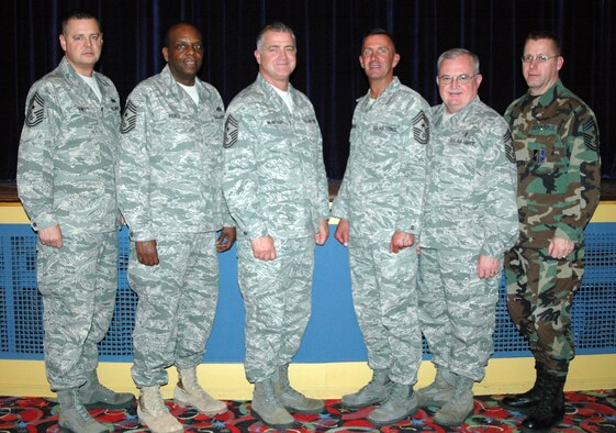 NIAGARA FALLS AIR RESERVE STATION, N.Y. - Major command chiefs from active duty, guard and reserve visit Niagara to observe the first ever guard & reserve combat delivery association between the 914th Airlift Wing (Reserve) and the 107th Airlift Wing (Guard).  Pictured left to right are Chief Master Sgt. Richard King, Command Chief 107th Airlift Wing; Chief Master Sgt. Hardy Pierce Jr., Command Chief New York Air National Guard; Chief Master Sgt. Troy McIntosh, Command Chief Air Force Reserve Command; Chief Master Sgt. Joseph Barron, Command Chief Air Mobility Command; Chief Master Sgt. Richard Smith, Command Chief Air National Guard; Chief Master Sgt. Steven Larwood, Command Chief 914th Airlift Wing.  (U.S. Air Force photo by Tech. Sgt. Kevin Nichols)
