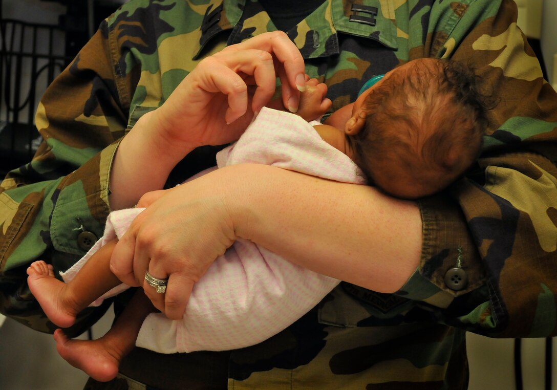 Capt. (Dr.) Melinda B. Batman, 779th Medical Group, Pediatrician, exams twin 4-month old Nicole Hopkins, during a routine well baby appointment March 12, 2009.  Dr. Batman has been selected as one of the 79th Medical Wing's physicians to highlight within the wing for National Doctor's Appreciation Day March 30th.  (U.S. Air Force photo by Tech. Sgt. Suzanne M. Day)(Released)
