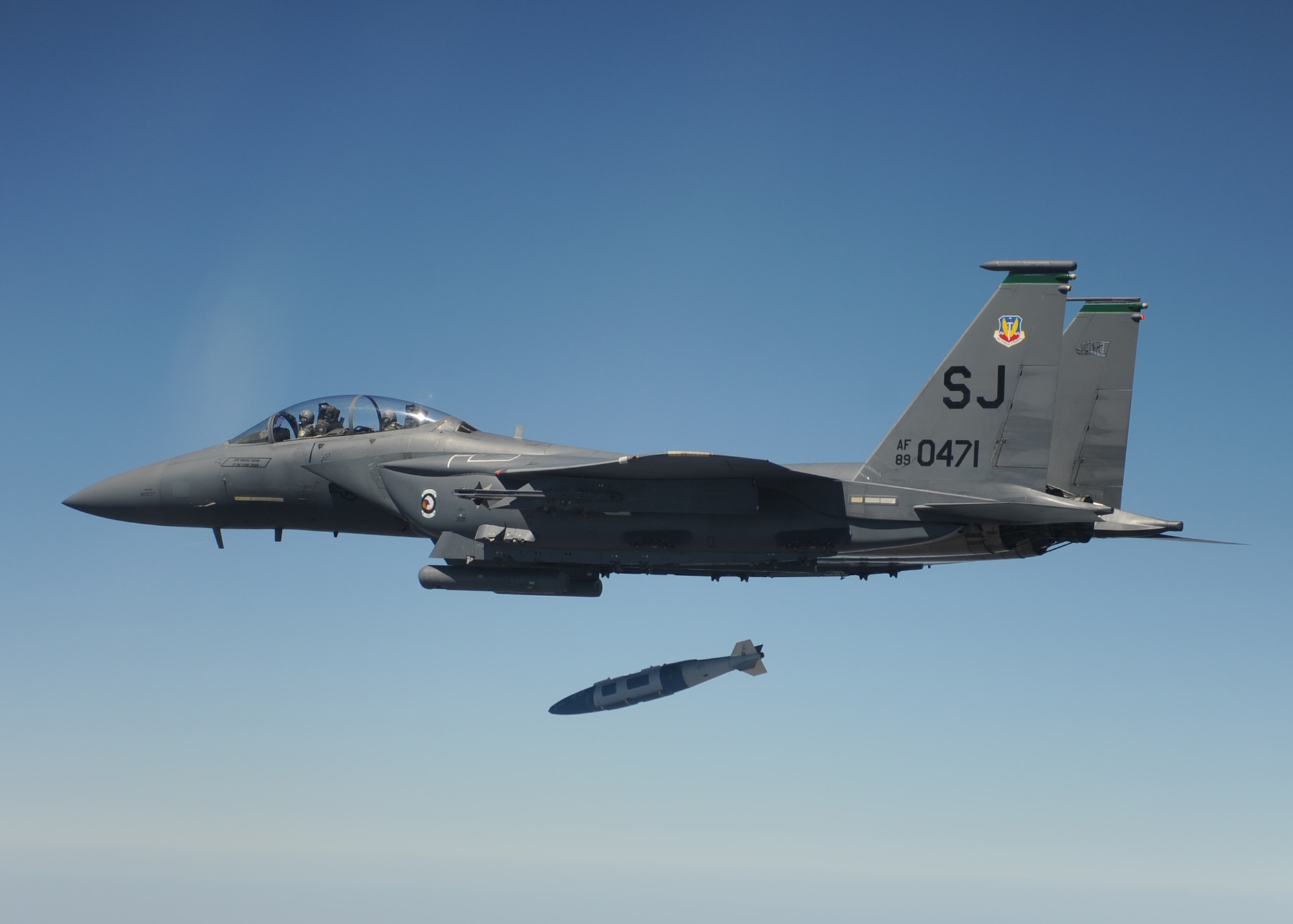 An F-15E Strike Eagle from the 4th Fighter Wing at Seymour Johnson Air Force Base, N.C., drops a Guided Bomb Unit 31 during a Combat Hammer mission over the Eglin Air Force Base Range during the week of March 16.  Combat Hammer is also known as a Weapons System Evaluation Program for air-to-ground weapons.  The 83rd Fighter Weapons Squadron executes the 'Hammer' missions by evaluating the entire weapons process from loading to flight to the target.  Flying squadrons 'deploy' to Eglin for the week-long evaluation.  Courtesy photo.