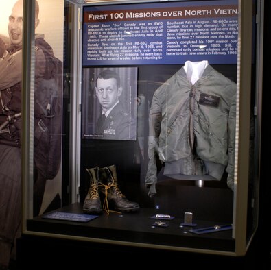 DAYTON, Ohio - On display in the 100 Missions Up North exhibit in the Southeast Asia War Gallery is Capt. Eldon "Joe" Canady's Swiss Zodiac watch worn during his missions over North Vietnam. Zodiac watches were popular among aircrews. Also, Canady’s Zippo lighter and his jungle boots, summer flight jacket, nametag and senior officer aircrew badge. (U.S. Air Force photo)
