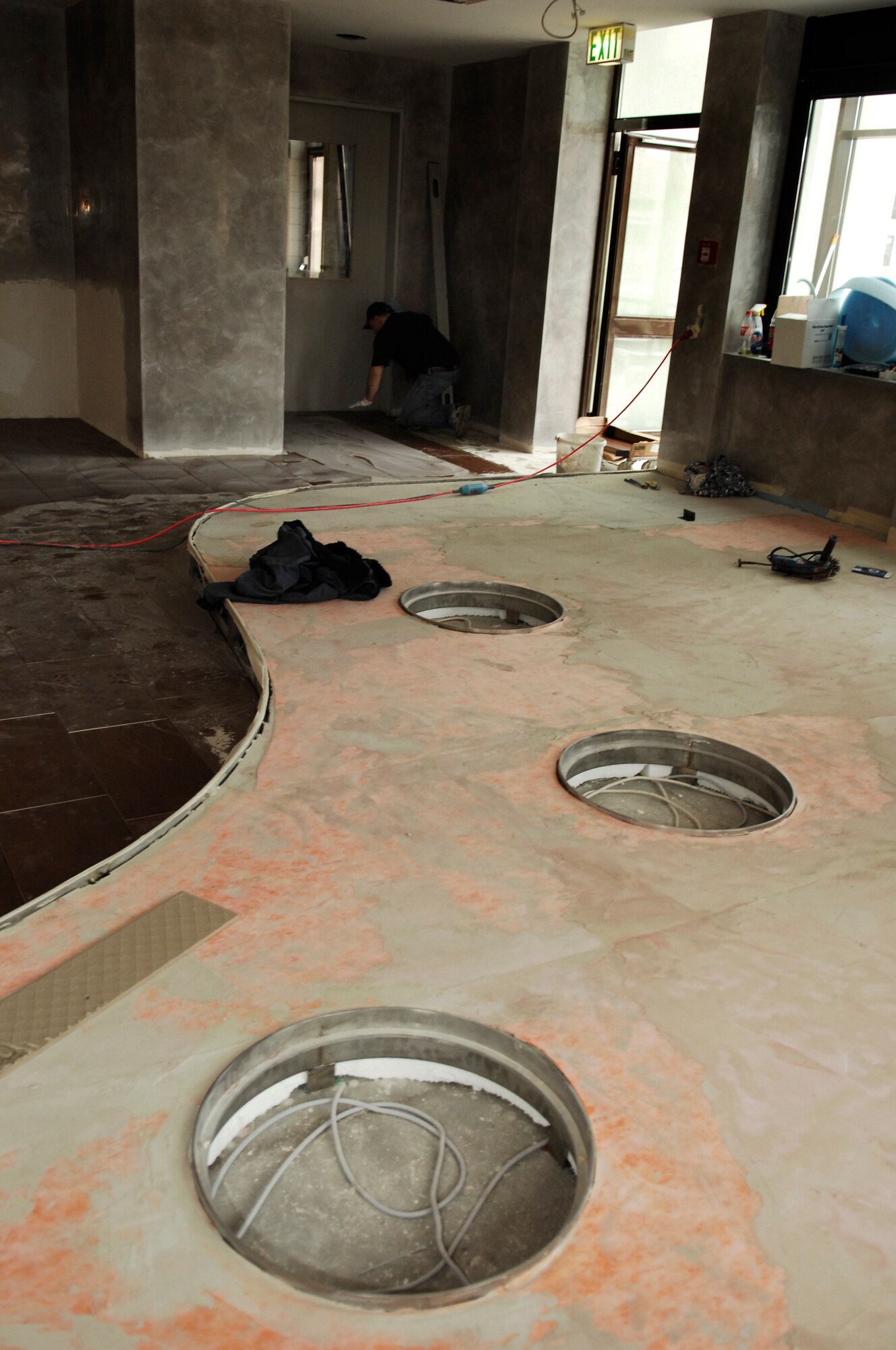 The Rheinland Inn Dining Facility is under construction to upgrade the lobbies to better serve Airmen, Mar. 16, 2009, Ramstein Air Base, Germany.  One half of the dining facility is already finished. The second half shown in the photo is scheduled to be completed Mar. 31, 2009. (U.S. Air Force photo by Senior Airman Amber Bressler)