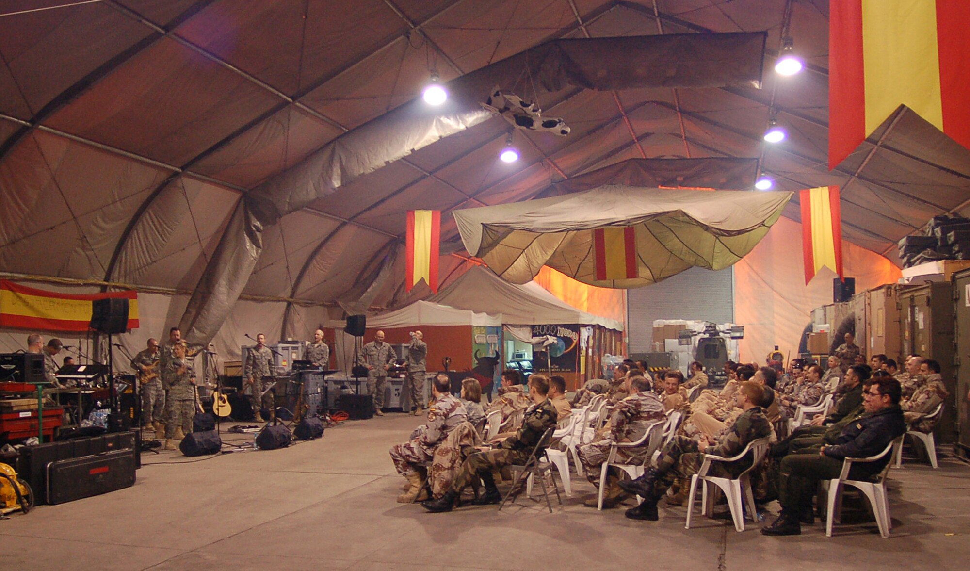 Sirocco, the U.S. Air Forces Central Expeditionary Band, plays one of their last performances at Manas Air Base, Kyrgyzstan, March 21. The band members are deployed to Southwest Asia from the U.S. Air Forces in Europe Band at Sembach AB, Germany. (U.S. Air Force photo/Tech. Sgt. Elizabeth Weinberg)