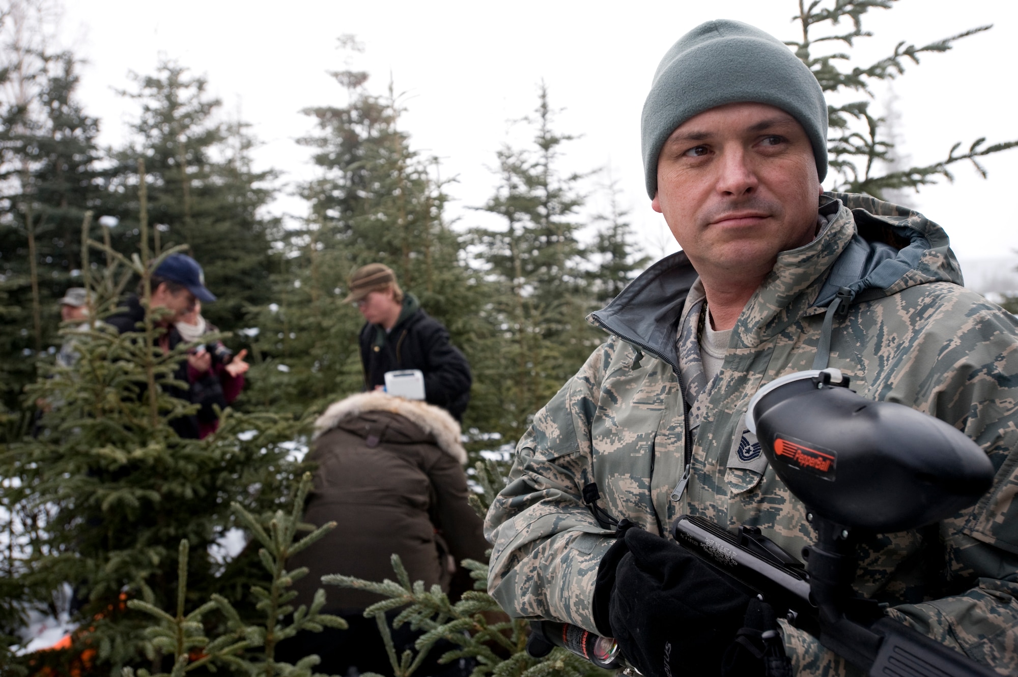 ELMENDORF AIR FORCE BASE, Alaska -- Master Sgt. Mark Bound, Elmendorf military conservation agent, watches a moose calf as an Alaska Department of Fish and Game biologist, Fort Richardson natural resource specialist and University of Alaska, Fairbanks wildlife biology department personnel, run a variety of tests on a darted moose near housing areas on base. This is joint effort between Alaska and the Department of Defense to study the movement and overall health of moose on base. (U.S. Air Force photo by Master Sgt. Keith Brown)