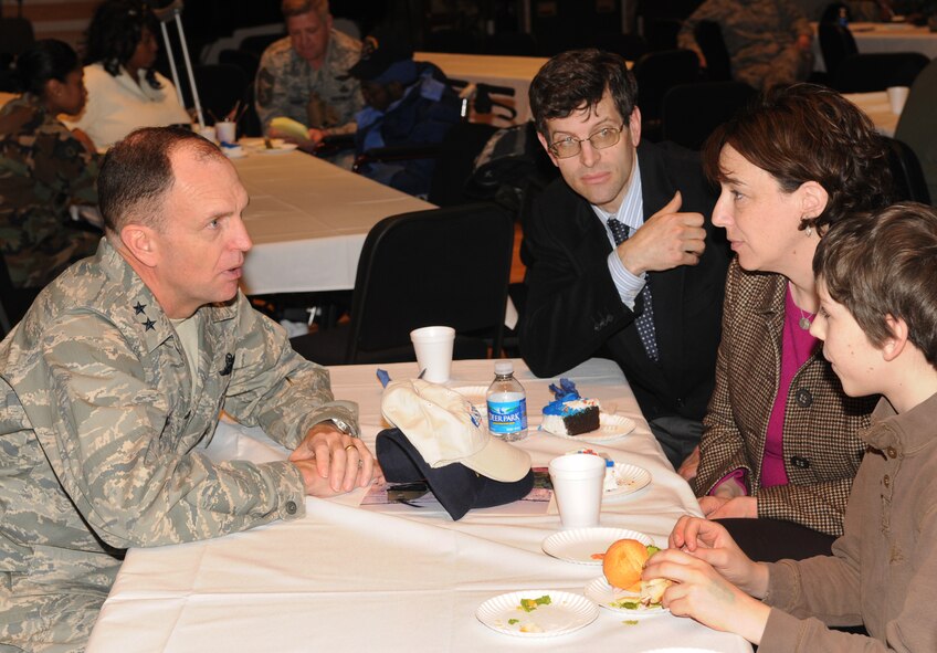 Maj. Gen. Ralph Jodice, Air Force District Washington Commander, talks with a Make-A-Wish child and his family March 20 on Bolling. The Make-A-Wish Foundation was invited to Bolling for the day to learn about the Air Force and the 11th Wing. The Make-A-Wish Foundation has been granting wishes to children with progressive, degenerative or malignant conditions since 1980 and has reached more than 167,000 children around the world. (U.S. Air Force photo by Senior Airman Sean Adams)
