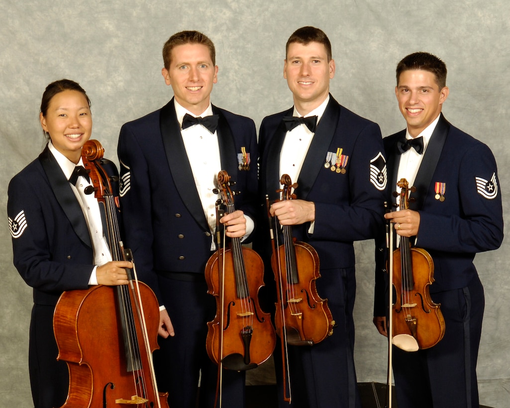 The USAF String Quartet is a component of The United States Air Force Band.  Band members of the quartet are (pictured from left to right) Technical Sgt. Christine Choi, Master Sgts. Bryce Bunner and Henry Tyszler, and Technical Sgt. Nathan Wisniewski.