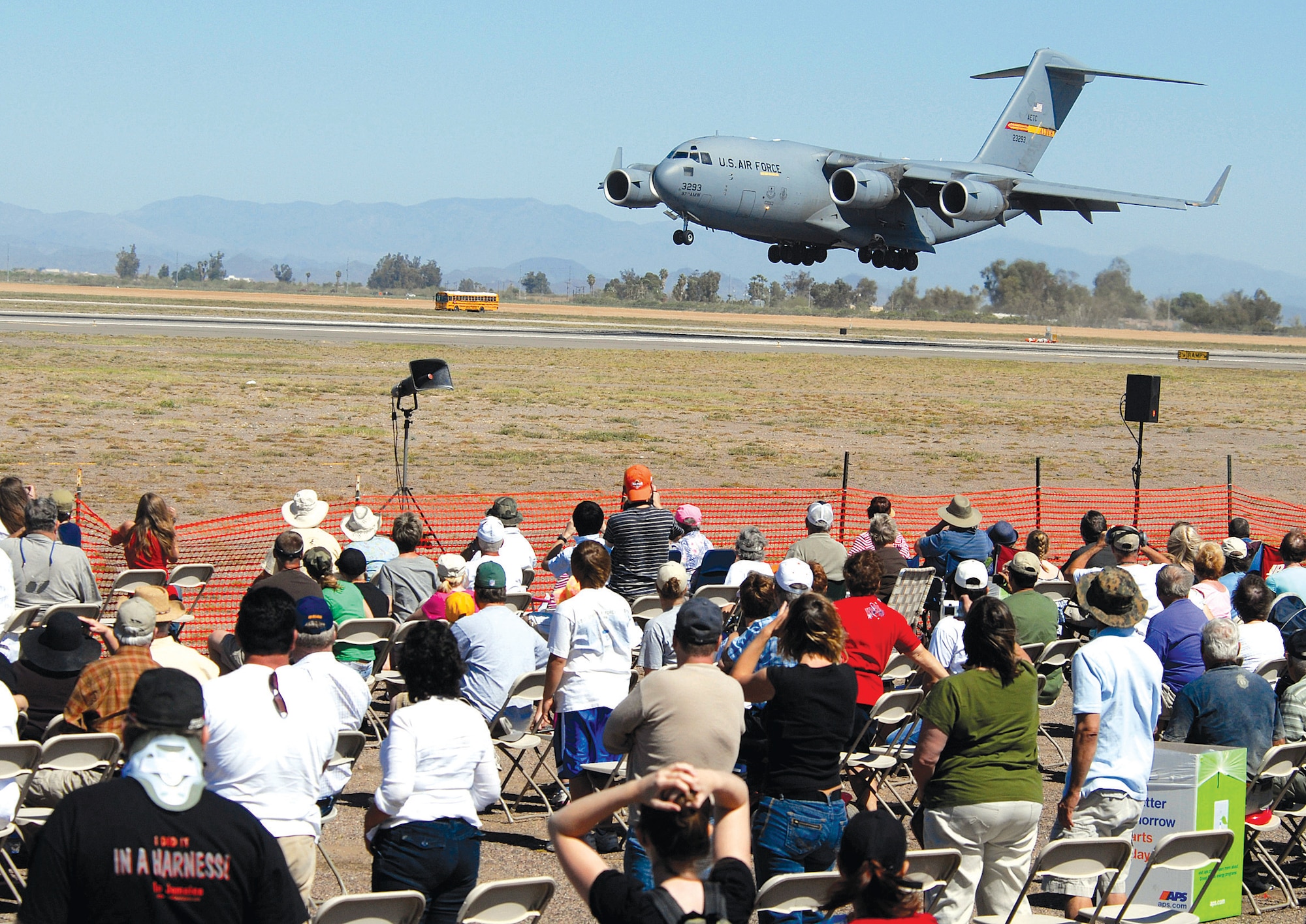 A C-17 Globemaster III cargo aircraft performs a short landing demonstration for the crowd at the 2009 Luke Thunder in the Desert Air Show on March 22.The air show featured static displays of aircraft, aerial performances of military and civilian aircraft, and a performance by the U.S. Air Force Thunderbirds Aerial Demonstration Team. (U.S. Air Force photo/Staff Sgt. Ian Dean)
