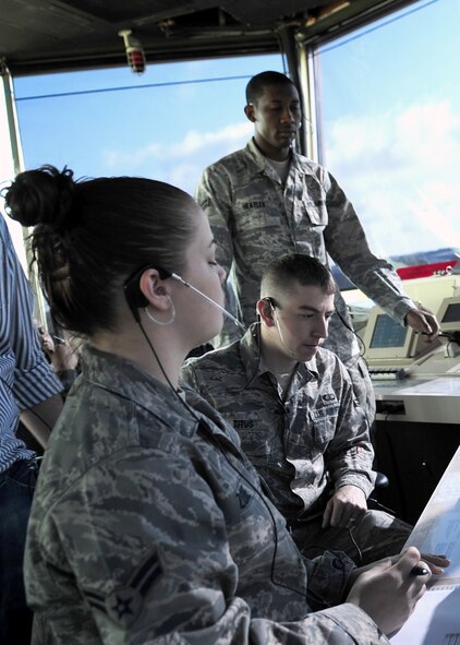 Airmen 1st Class Zarnell Heatley (background) and Jacob Titus (middle) observe as Airman 1st Class Kimberly Zone (foreground) works in the air traffic control tower on Seymour Johnson Air Force Base, N.C., March 20, 2009. Airman Zone will work under constant supervision until she is fully trained. The Airmen are from the 4th Operation Support Squadron's Airfield Operations Flight. (U.S. Air Force Photo by Airman 1st Class Rae Perry)