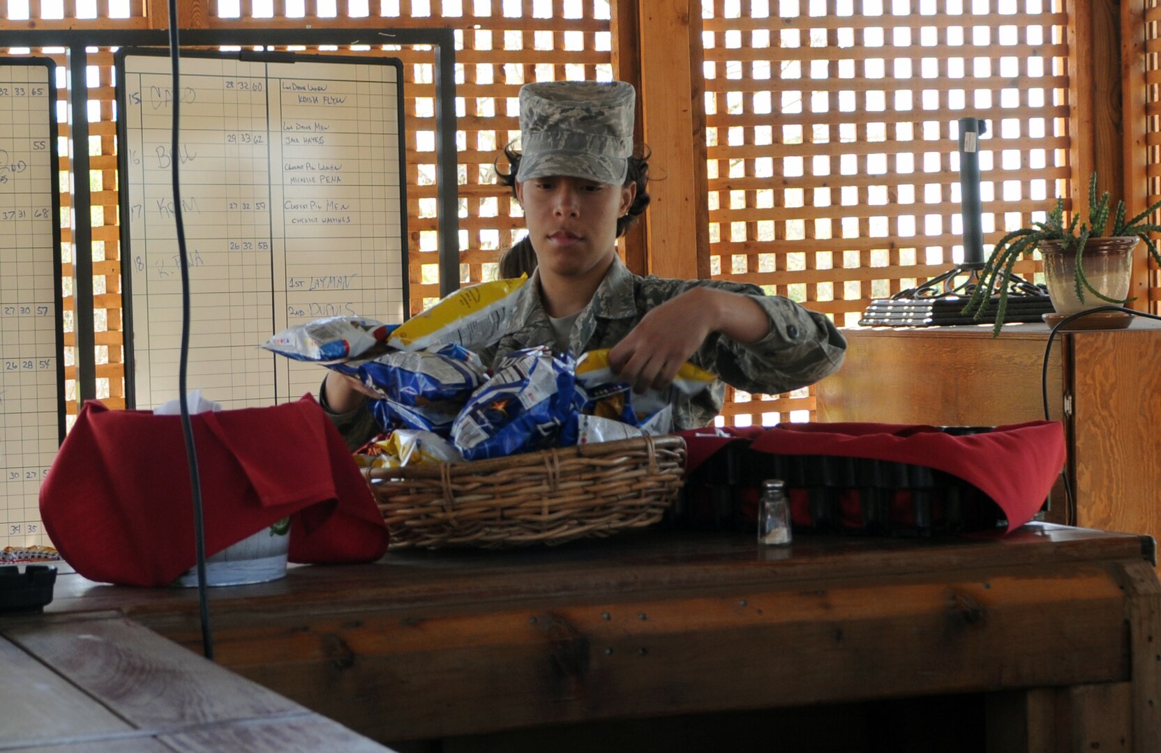 Airman 1st Class Sharae Whitehead, 12th Communications Squadron and Team Randolph Airman's Council member-at-large, prepares a snack basket at the TRAC Air Force Assistance Fund Golf Tournament on March 20. The TRAC sponsored the tourney to raise funds for AFAF. (U.S. Air Force photo by Steve White)