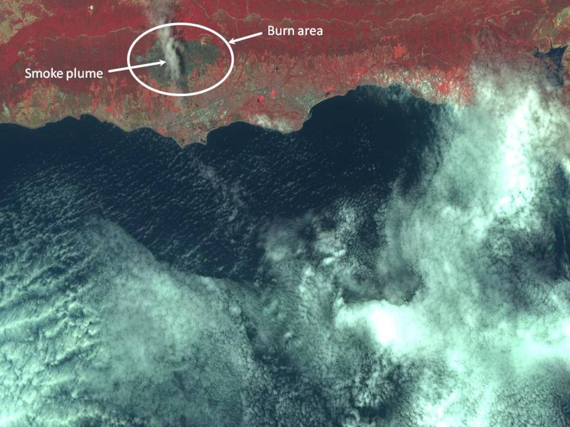 The Eagle Vision imagery collection system, managed by the 950th Electronic Systems Group here, uses commercial satellites to take snapshots of broad areas where homeland defense or operational action might be required. This imagery, taken by the system during the 2008 wildfires in Santa Barbara, Calif., shows active fires along with areas that have already burned. (Courtesy image)
