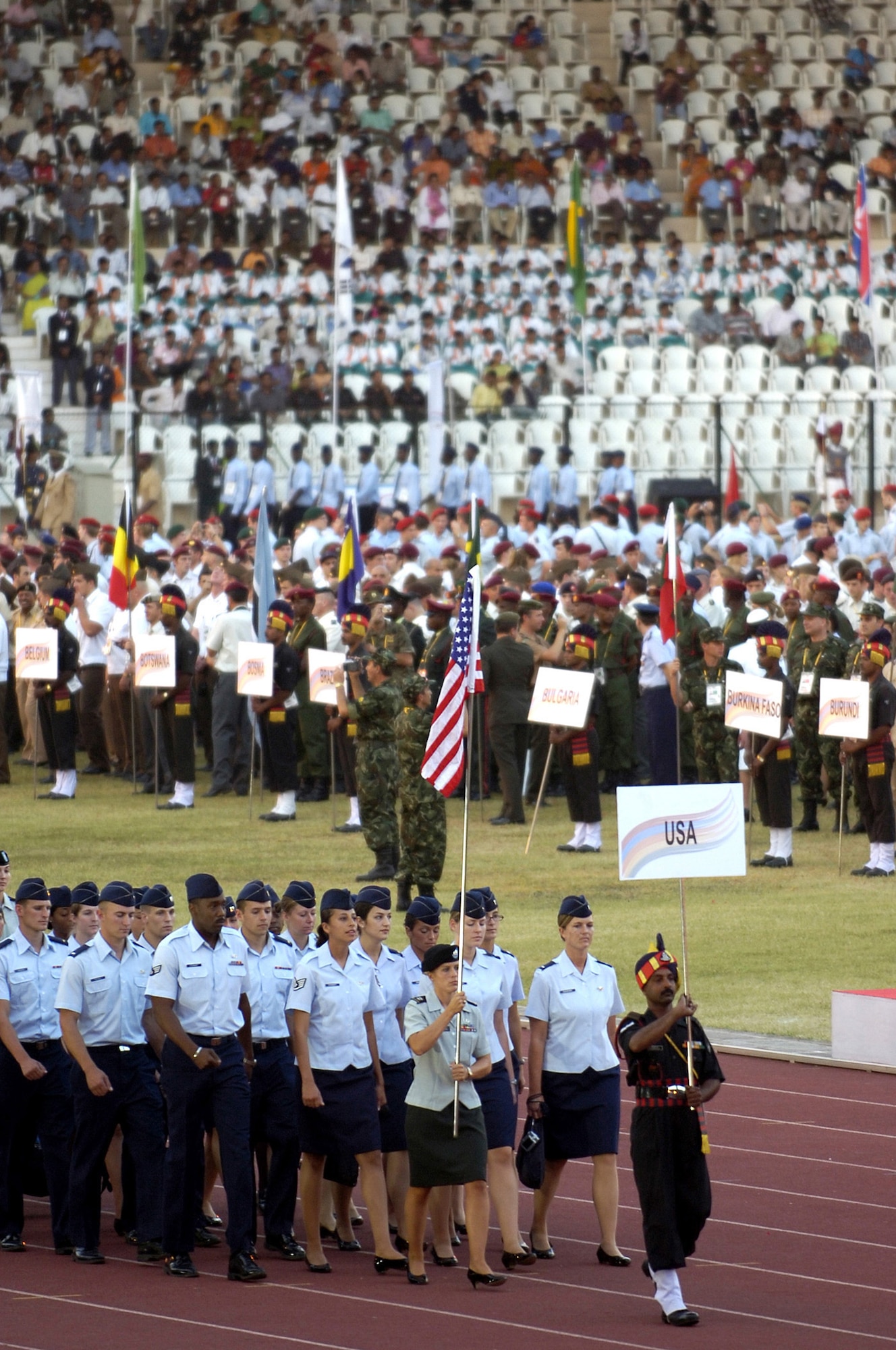 HANSCOM AIR FORCE BASE, Mass. – First Lieutenant Jamie Andrews (front row, far right) marches in to the opening ceremonies for the World Military Games in Hyderabad, India in 2007.  Lieutenant Andrews has played on the Women’s Armed Forces soccer team for the past three years and is setting her sites on once again representing her country at this year’s competition which will take place at Keesler Air Force Base June 4 to 14. Lieutenant Andrews is assigned to the 554th Electronic Systems Wing at Hanscom. (Courtesy photo)