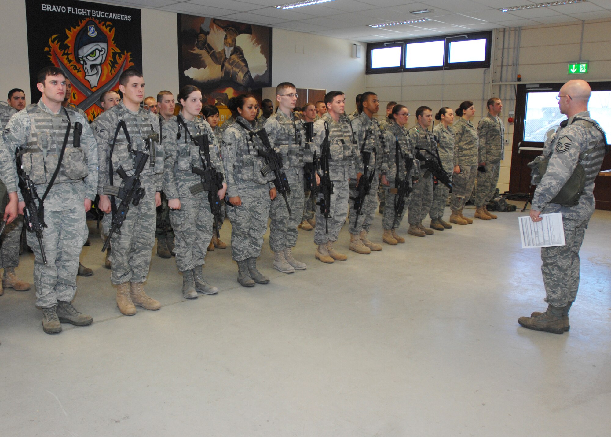Master Sgt. Kenneth Goree, 31st Security Forces Squadron, briefs the oncoming Bravo Flight during guardmount March 20 at the base armory. The 31st Security Forces Squadron safeguards Protection Level one, two, three and four resources, to include the 46 assigned base aircraft, and provides law enforcement services to a community of almost 10,000 people.  (U.S. Air Force photo/Airman 1st Class Tabitha M. Mans)