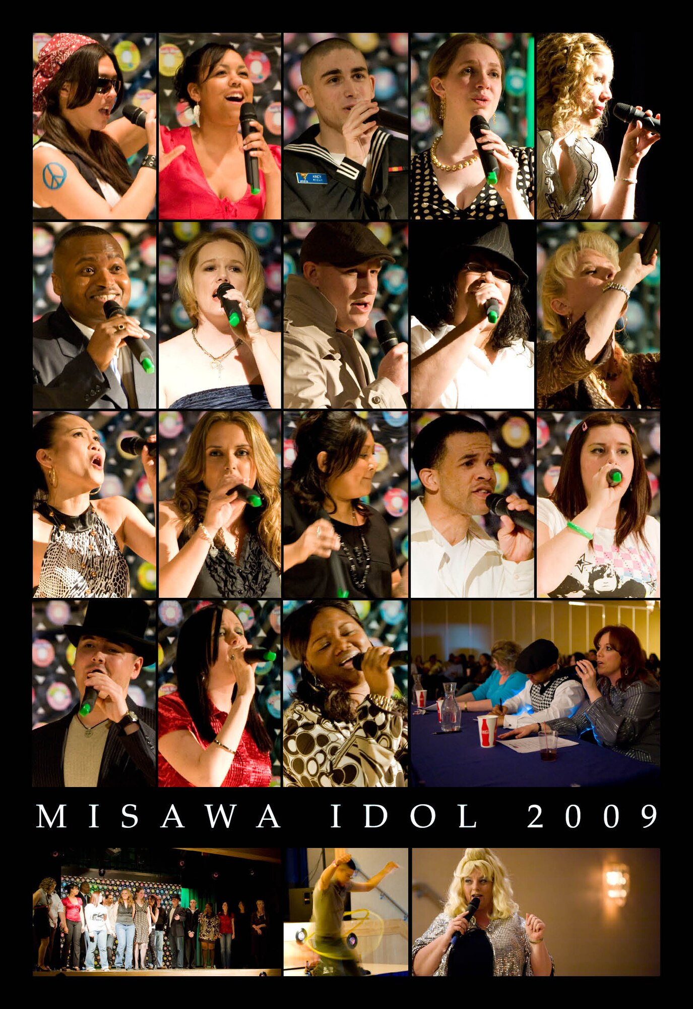 MISAWA AIR BASE, Japan -- Eighteen men and women from the Misawa Air Base community starred in the first round of a singing competition mirroring the popular television show "American Idol" March 21, 2009. Three contestants were eliminated at the end of the night. The competition will continue every Saturday at 8 p.m. until the final round, scheduled for April 25.  (U.S. Air Force photo layout by Staff Sgt. Samuel Morse and Tech. Sgt. Russell McBride)