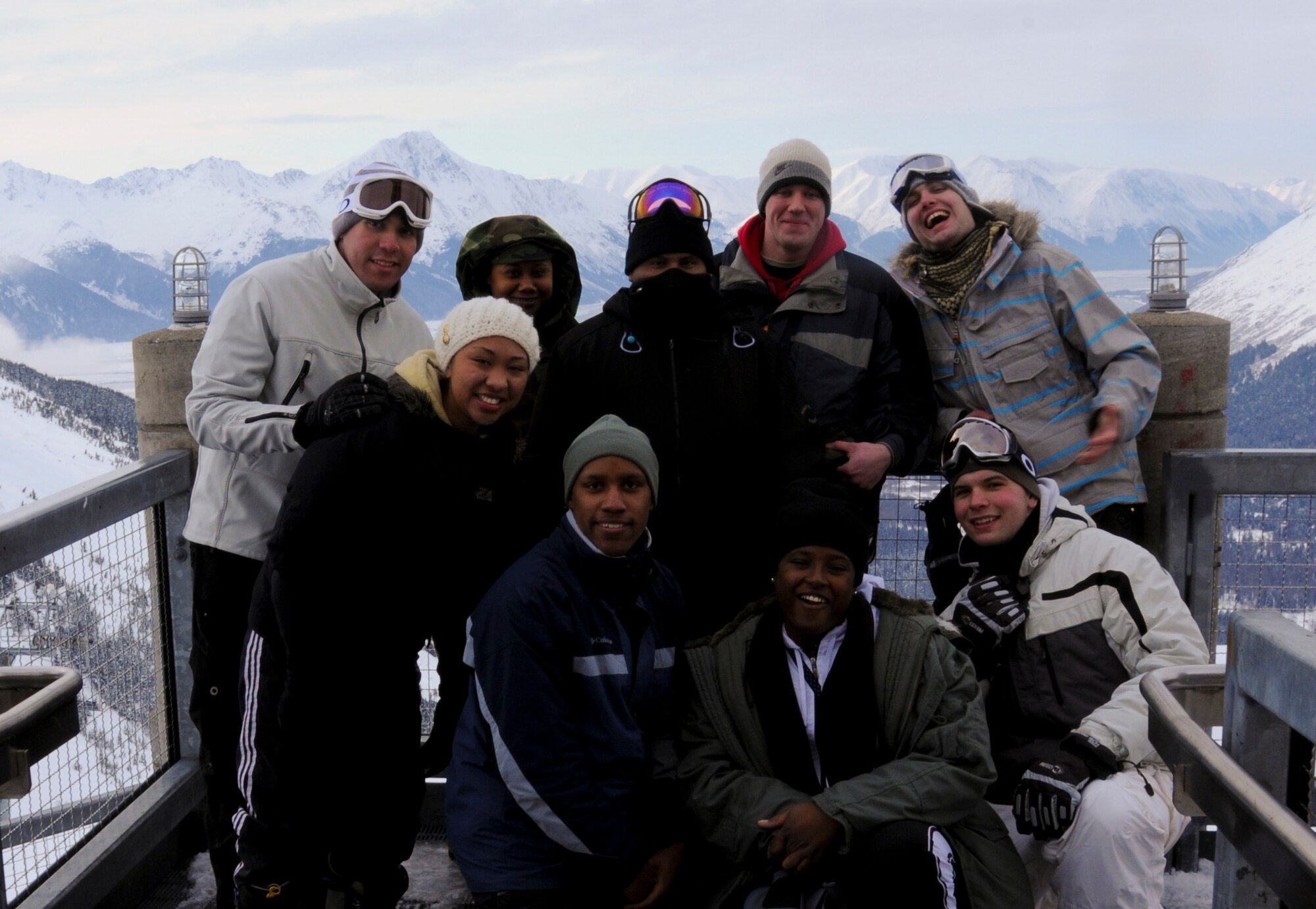 Airmen pose at the top of Alyeska Ski Resort March 21, 2009, Girdwood, Alaska.  Alyeska has ski trails for all skill levels along with several amenities to include a spa, restaurants, and specialty shops. (U.S. Air Force photo/Airman 1st Class Laura Max)

