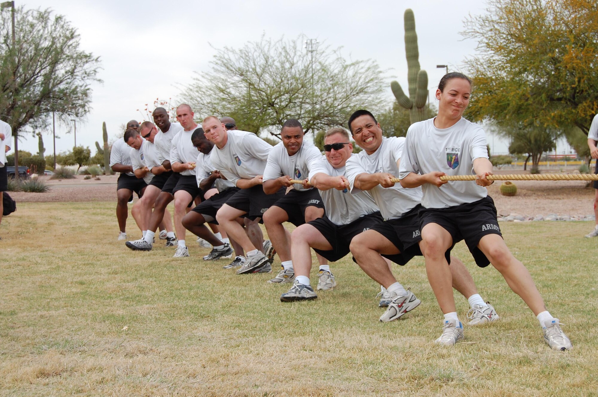 DAVIS-MONTHAN AIR FORCE BASE, Ariz. -- Soldiers of the 1st Battlefield Coordination Detachment compete in the tug of war portion of Twelfth Air Force (Air Forces Southern) sports day March 20. More than 200 members of 12th AF competed in the event. (U.S. Air Force photo by 1st Lt. Jason Coley) 
