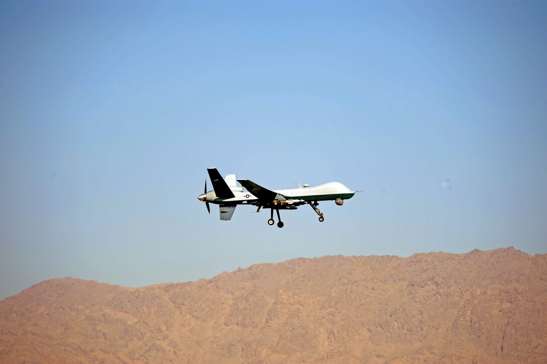 An Air Force MQ-9 Reaper from the 62nd Expeditionary Reconnaissance Squadron takes off March 13 from Kandahar Air Base, Afghanistan, for a mission in support of Operation Enduring Freedom. (U.S. Air Force photo/Staff Sgt. James L. Harper Jr.)