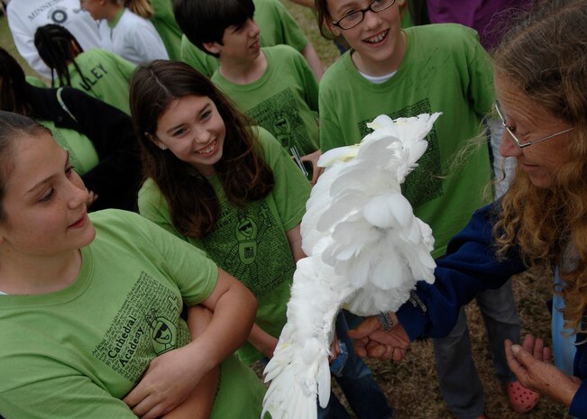 Charleston Area Elementary School Students react to an excited bird during the Earth Day celebration on Charleston AFB, March 25. More than 600 students came to the base's 13th Earth Day celebration. (U.S. Air Force photo/Senior Airman Katie Gieratz)