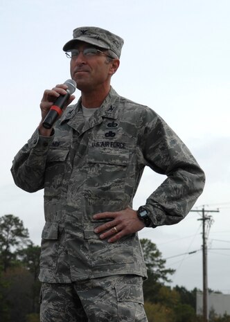 Col. Frank Jones speaks to Charleston area elementary school students on Charleston AFB, March 25. More than 600 students came to the base's 13th annual Earth Day celebration. Colonel Jones is the 437th Mission Support Group commander. (U.S. Air Force photo/Senior Airman Katie Gieratz)