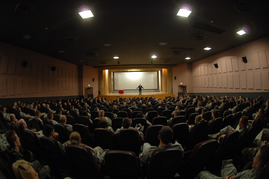 The 8th Chief Master Sgt. of the Air Force, Chief Master Sgt. Sam Parish (ret.) addresses Airmen March 20, during an Enlisted Call at the base theater at Holloman Air Force Base, N.M. The chief also talked about the progress of the Air Force during the event. (U.S. Air Force photo/SSgt Anthony Nelson Jr)
