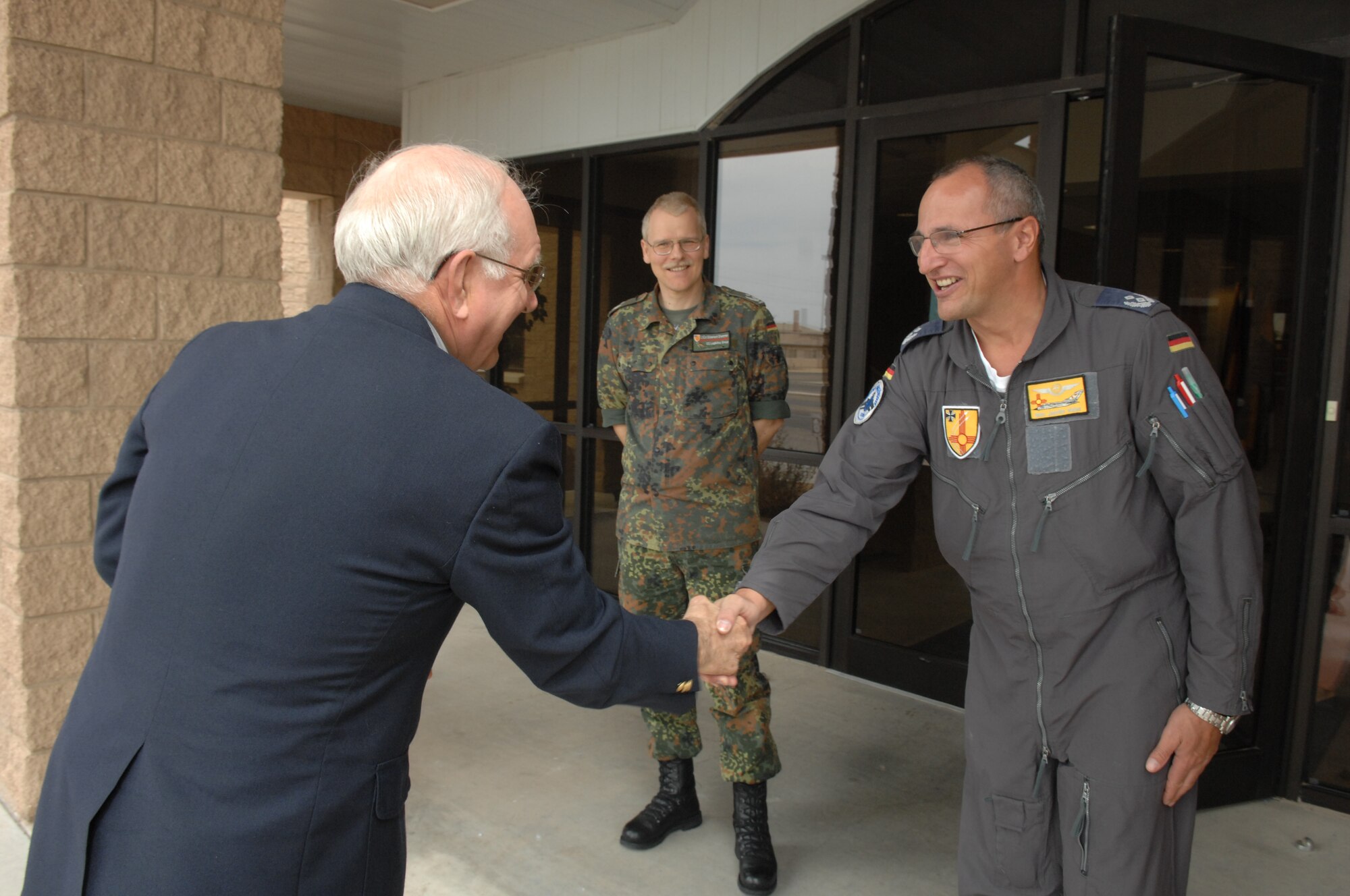 German Flying Training Center Vice Commander Col. Hans Joachim Weber welcomes the 8th Chief Master Sgt. of the Air Force, Chief Master Sgt. Sam Parish (ret.) March 20 at  Holloman Air Force Base, N.M. (U.S. Air Force photo/SSgt Anthony Nelson Jr)