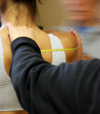 LAUGHLIN AIR FORCE BASE, Texas – A Laughlin volunteer gets measured during a research study for the F-35 Lightning II flight suit here recently.  A group of developers made Laughlin their first stop on their two-month tour to gather research for the new F-35 flight suit.(U.S. Air Force photo by Airman 1st Class Sara Csurilla)