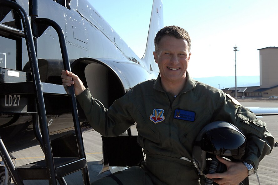 The Catholic Archbishop for the U.S. Military Services Timothy Broglio poses for a photo March 13 before his incentive flight in a T-38 at Holloman Air Force Base, N.M. The Roman Catholic Archdiocese for the Military Services provides the Roman Catholic Church's pastoral and spiritual services to those serving in the U. S. armed forces or other federal services overseas. This military ordinariate is a special diocese canonically erected by Pope Pius XII in 1939 for members and others employed by the United States Air Force, Army, Coast Guard, Marine Corps, Navy, the Veterans Health Administration and its patients, and for Americans in government service overseas. (U.S. Air Force photo/SSgt Anthony Nelson Jr)