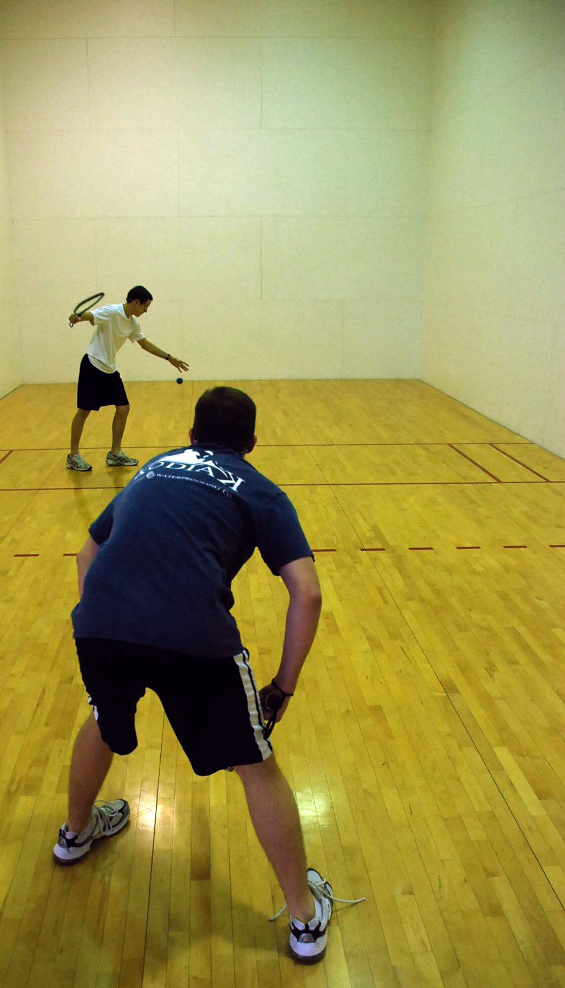 LAUGHIN AIR FORCE BASE, Texas – Grayson Doucette prepares to serve to 2nd Lt. Richard Hunt, 47th Operations Support Squadron, during the Fourth Annual Laughlin Air Force Base Racquetball Tournament here recently. (U.S. Air Force photo by Tech. Sgt. Charlie Miller)