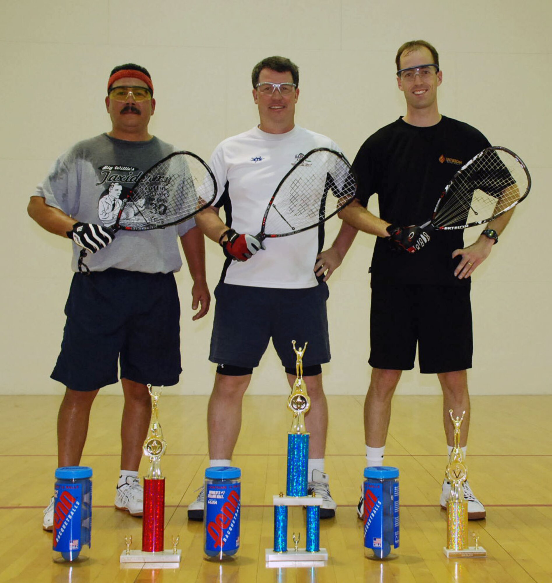 LAUGHIN AIR FORCE BASE, Texas – The Fourth Annual Laughlin Air Force Base Racquetball Tournament Bracket A was won by Lt. Col. Don Jorgensen, 96th Flying Training Squadron, center, with Eric Rios, 47th Maintenance Operations Center, in second, left, and defending champion Capt. Russ Bastian, 47th Operations Support Squadron, winning third here recently.  (U.S. Air Force photo by Tech. Sgt. Charlie Miller)