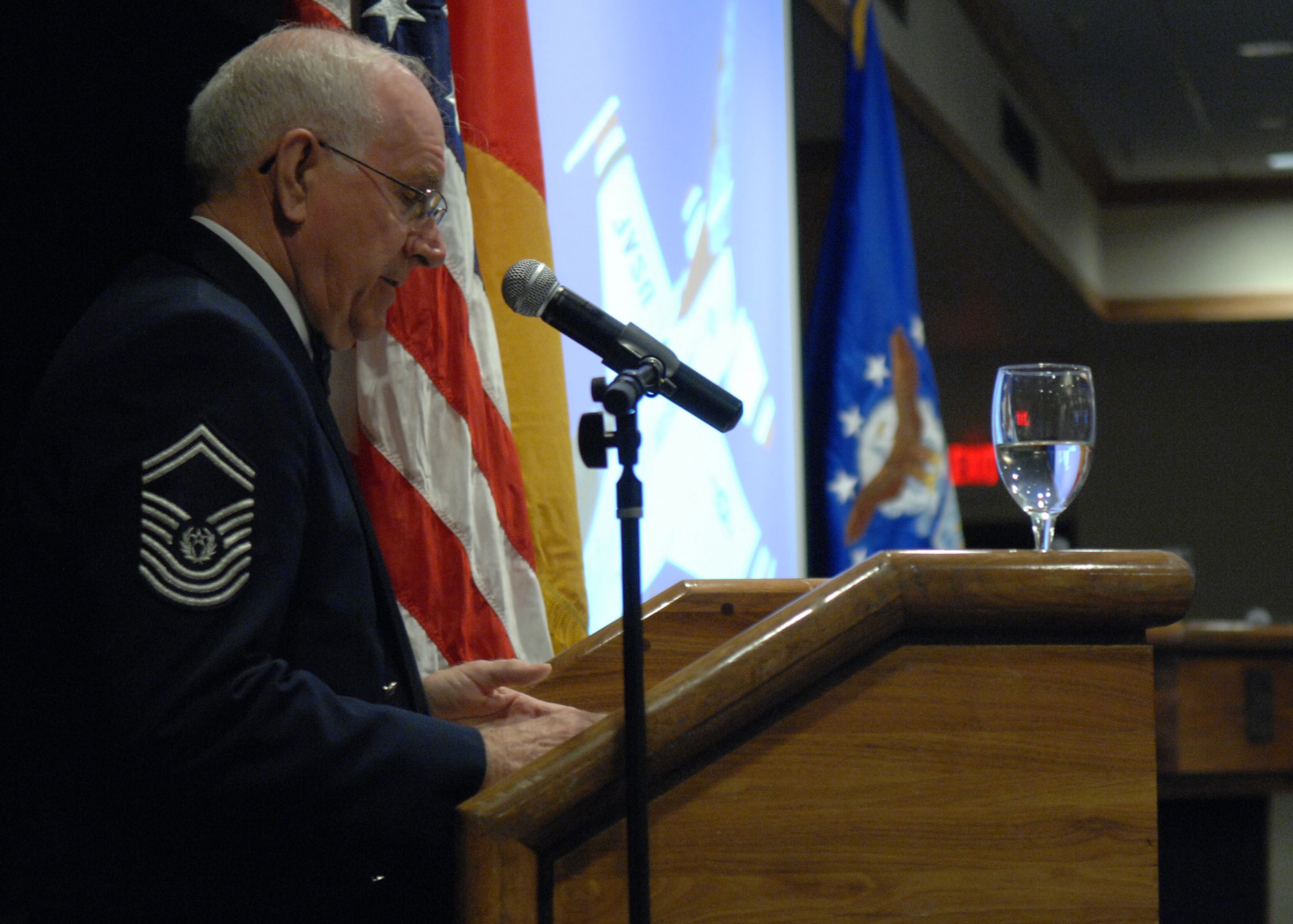 The 8th Chief Master Sgt. of the Air Force, Chief Master Sgt. of the Air Force Sam E. Parish (ret.) speaks at the Chief Recongition Ceremony, March 21 at Holloman Air Force Base, N.M. (U.S. Air Force photo/SSgt Anthony Nelson Jr)