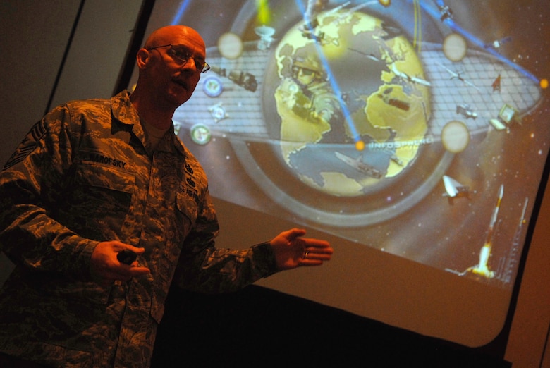 VANDENBERG AIR FORCE BASE, Calif. -- Chief Master Sgt. Thomas Narofsky, from the United States Strategic Command, briefs military personnel here about cyber and space threats during a Senior Enlisted Leaders Training Conference here March 24. The conference was conducted to provide senior leadership with information about Department of Defense space programs. (U.S. Air Force photo/Senior Airman Christian Thomas)