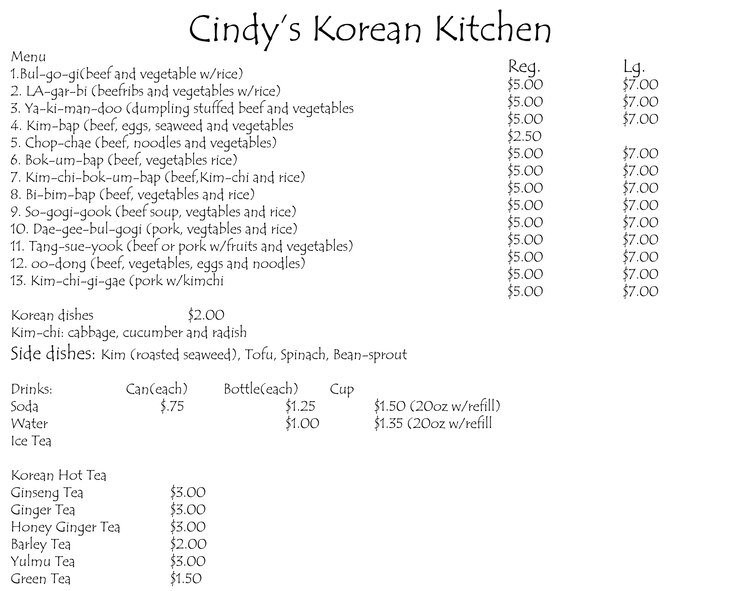 Cindy's Korean Kitchen menu