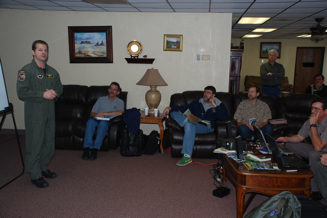 Capt. Martin Bohn, 80th Flying Training Wing flight safety office, briefed a group of Oklahoma aviators on the flying operations of the Euro-NATO Joint Jet Pilot Training program March 21.  Captain Bohn was one of a group of briefers from Altus Air Force Base, Vance AFB and Fort Sill, all in Oklahoma, to inform aviators about their operations. (U.S. Air Force photo/Mike McKito)