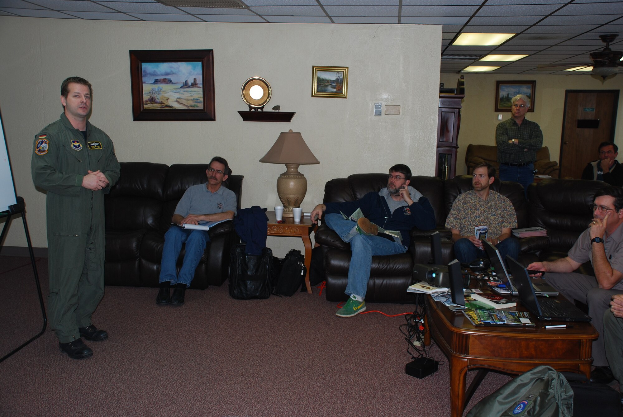 Capt. Martin Bohn, 80th Flying Training Wing flight safety office, briefed a group of Oklahoma aviators on the flying operations of the Euro-NATO Joint Jet Pilot Training program March 21.  Captain Bohn was one of a group of briefers from Altus Air Force Base, Vance AFB and Fort Sill, all in Oklahoma, to inform aviators about their operations. (U.S. Air Force photo/Mike McKito)