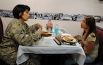 Lt. Col. Mary Brice, Air Force Recruiting Service, speaks with Ashley Esparaza, a woman in the Air Force Delayed Entry Program, or DEP, at the dining facility March 24. Several women preparing to join the ranks visited with Team Randolph women to ask questions and learn about Air Force life. (U.S. Air Force photo by Steve White)