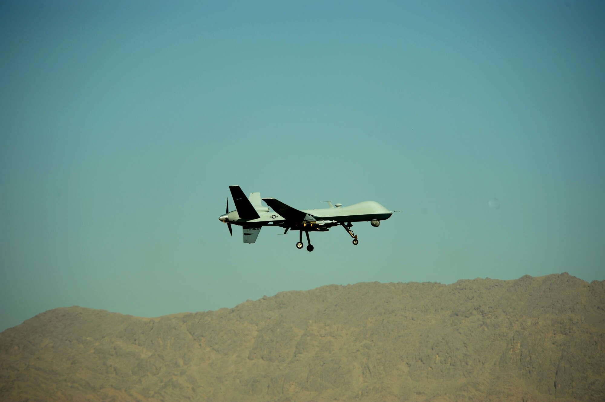A U.S. Air Force MQ-9 Reaper from the 62nd Expeditionary Reconassiance Squadron takes off from Kandahar Air Base, Afghanistan, March 13, 2009, in support of Operation Enduring Freedom.  (U.S. Air Force photo by Staff Sgt. James L. Harper Jr.)