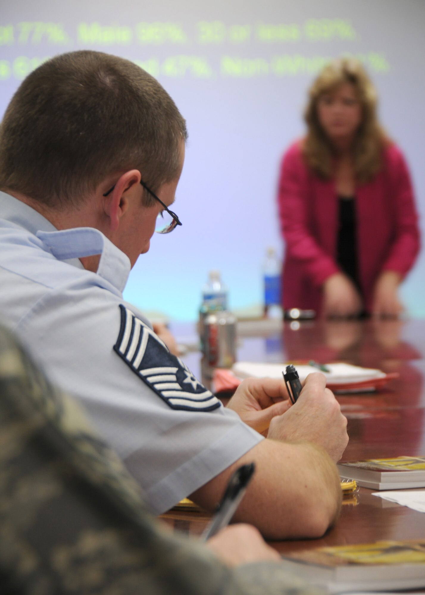MISAWA AIR BASE, Japan -- Chief Master Sgt. Bob McManus, 35th Communications Squadron superintendent, listens as Dr. Bridget Cantrell talks about the suicide rate among deployed troops during a briefing March 23, 2009. Doctor Cantrell, a mental health provider for the Washington State Department of Veterans Affairs Post Traumatic Stress Disorder Program, held three Returning Warrior workshops to help educate key Misawa personnel on the reintegration process and how they can help ease the transition after a deployment. (U.S. Air Force photo by Staff Sgt. Rachel Martinez)