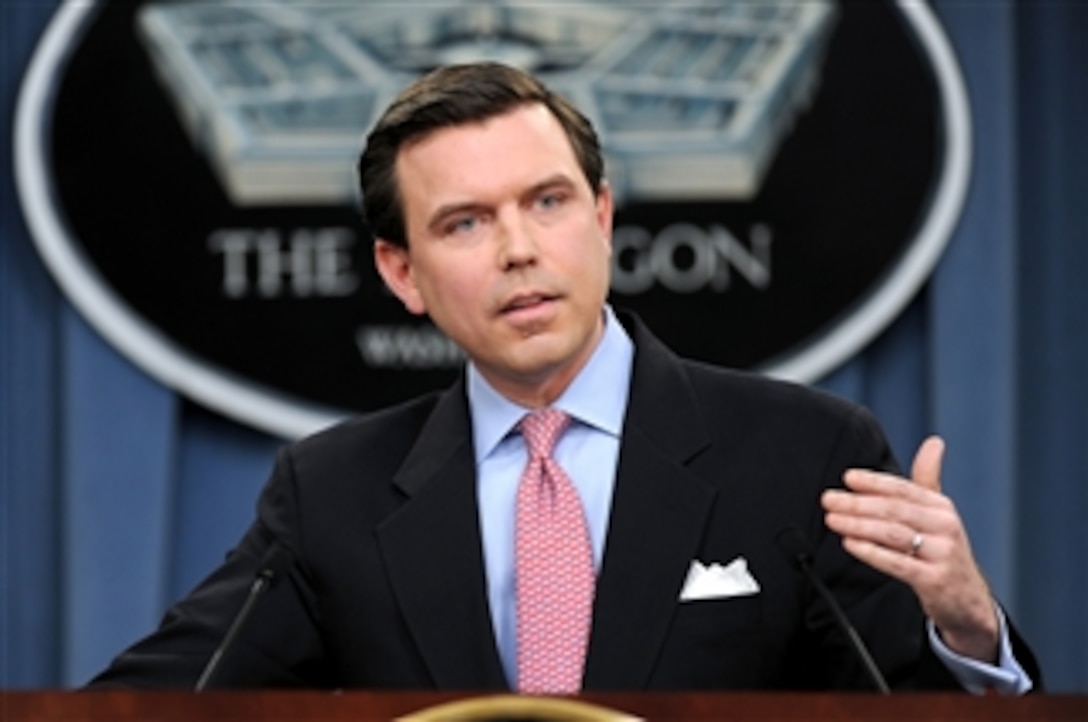 Pentagon Press Secretary Geoff Morrell responds to questions from members of the press during a briefing in the Pentagon on March 25, 2009.  
