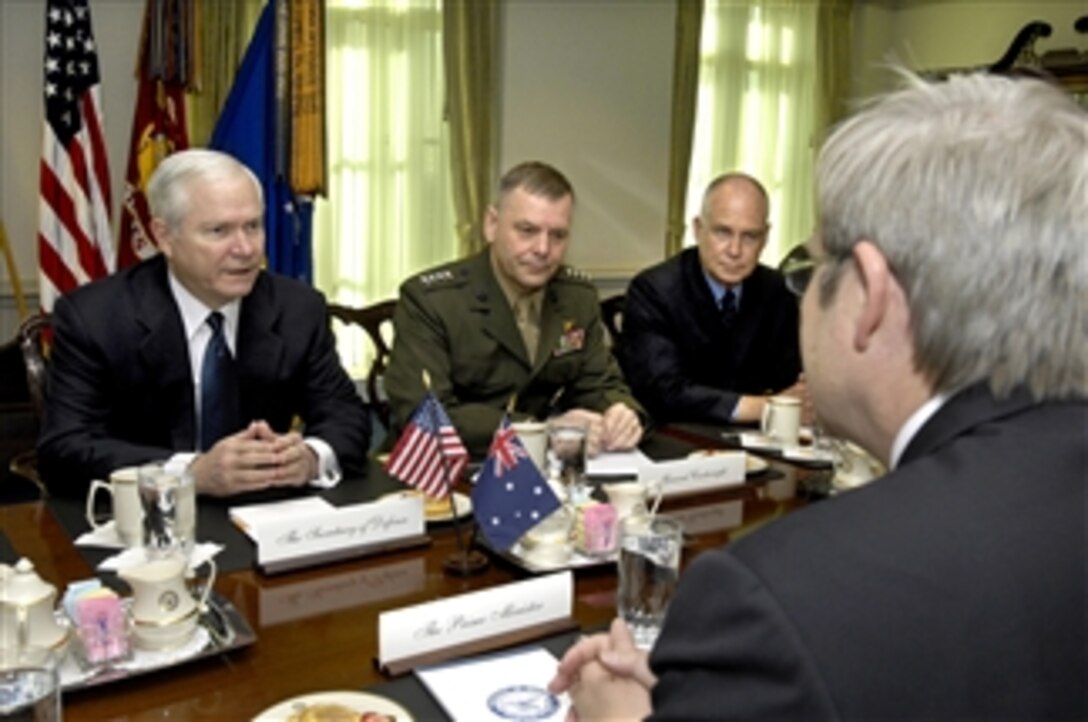 Secretary of Defense Robert M. Gates (left) hosts a Pentagon meeting with Australian Prime Minister Kevin Rudd (right) on March 25, 2009.  A range of security issues of mutual interest to both nations are under discussion.  Among those participating in the talks are the Vice Chairman of the Joint Chiefs of Staff Gen. James Cartwright (2nd from left), U.S. Marine Corps, and Dan Clune, the charge d'Affaires at the U.S. Embassy in Canberra, Australia.  