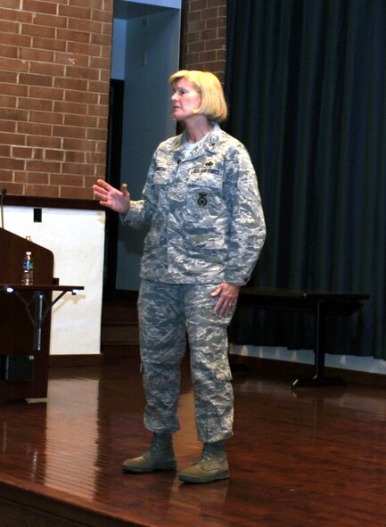 Brig. Gen. Mary Kay Hertog, Air Force Director of Security Forces, addresses an audience of more than 100 Airmen on March 26, 2009, in the U.S. Air Force Expeditionary Center's Grace Peterson Hall on Fort Dix, N.J.  General Hertog's presentation was the first for the Expeditionary Center's Professional Development Speaker Series observing the center's 15th anniversary.  The speaking engagement was also teleconferenced to 15 locations Air Force-wide to include Japan, Germany, Nevada, Texas, Illinois, Hawaii and California. (U.S. Air Force Photo/Staff Sgt. Nathan G. Bevier) 